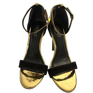 VENUS Black and Gold Strappy Stiletto Open Toe Heels With Ankle Strap